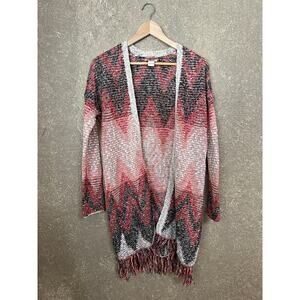 Lucky Brand Fringed Chevron Cardigan Knit Sweater Womens Size Small Open Boho